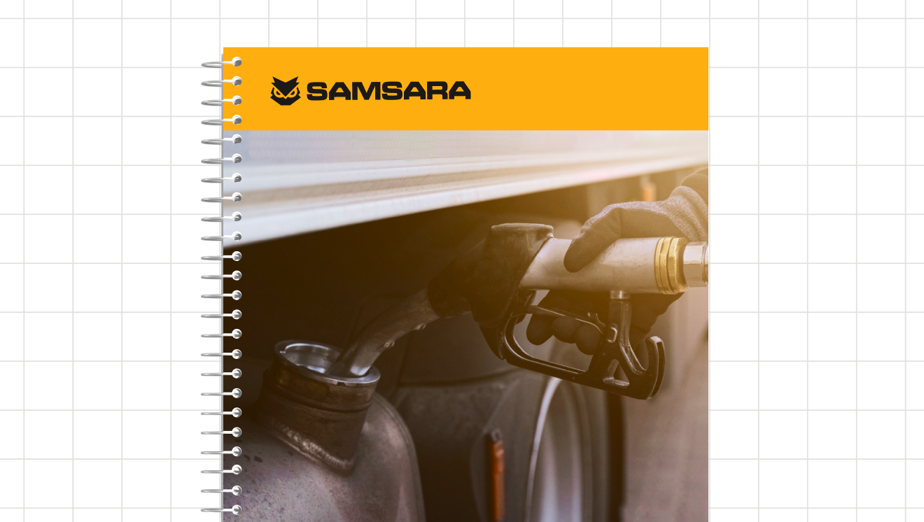 Samsara branded spiral notebook cover showing a gloved hand holding a fuel nozzle near a vehicle tank.
