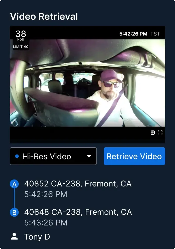 Vehicle interior camera footage showing driver at 24 mph, with video retrieval interface displaying location in Fremont, CA.