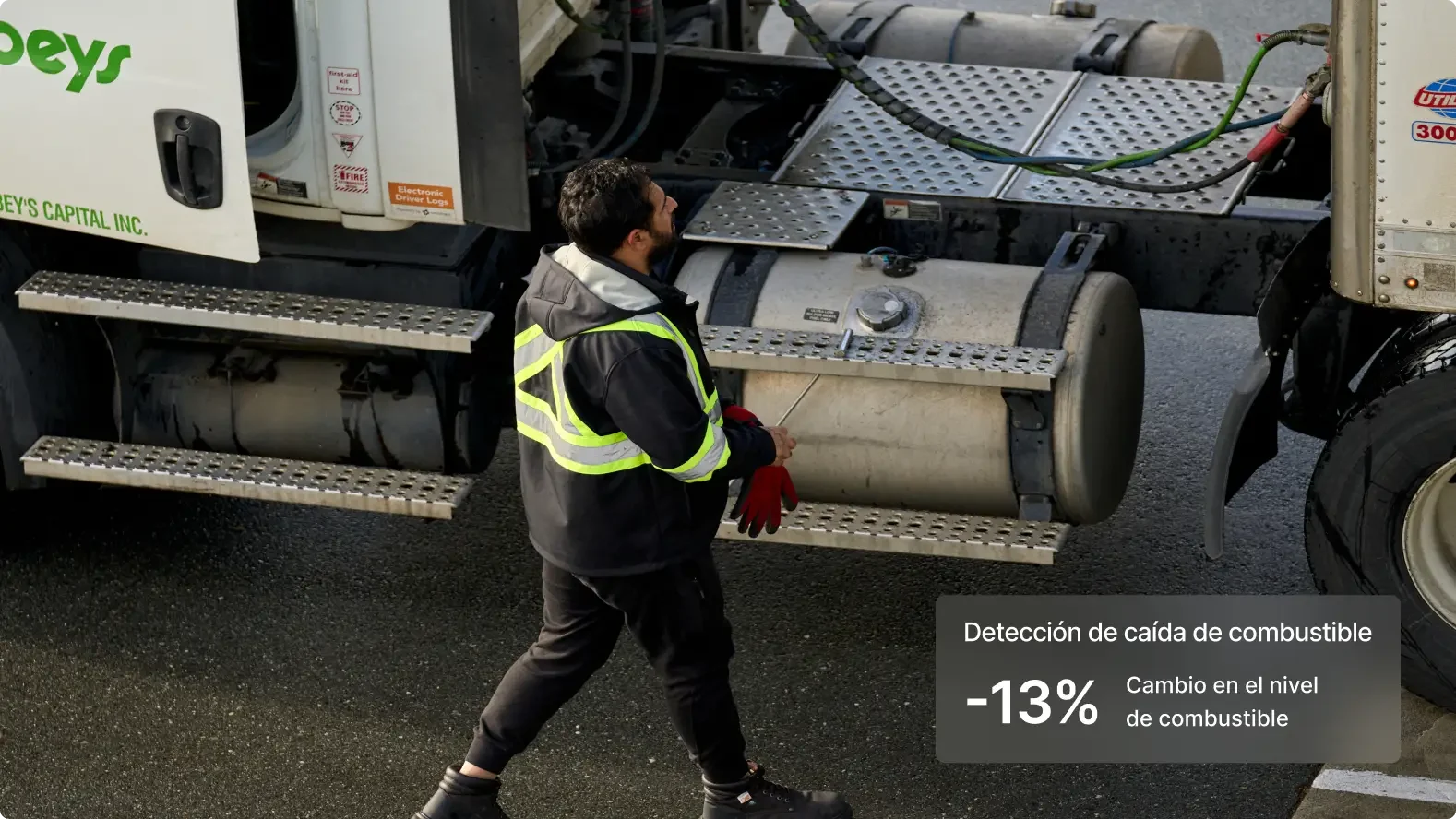 Trabajador con chaleco reflectante inspecciona camión con alerta de detección de caída de combustible del -13%.