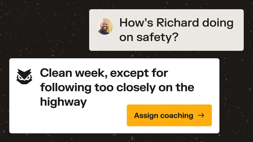 Safety report showing Richard had a clean week except for following too closely, with an Assign Coaching button.