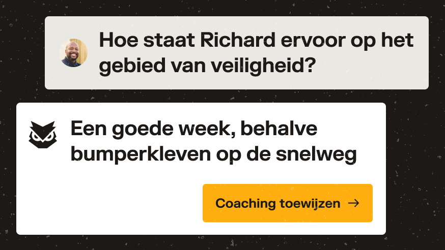 Rijgedrag app-scherm met Richards veiligheidsscore en knop 'Coaching toewijzen' voor bumperkleven op snelweg.