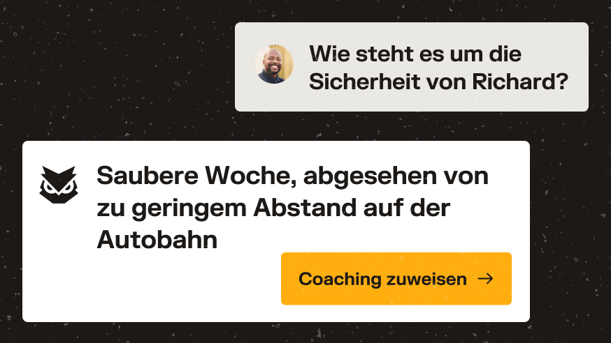 App-Oberfläche zeigt Richards Fahrsicherheitsbericht: gute Woche, außer zu geringem Abstand auf der Autobahn.