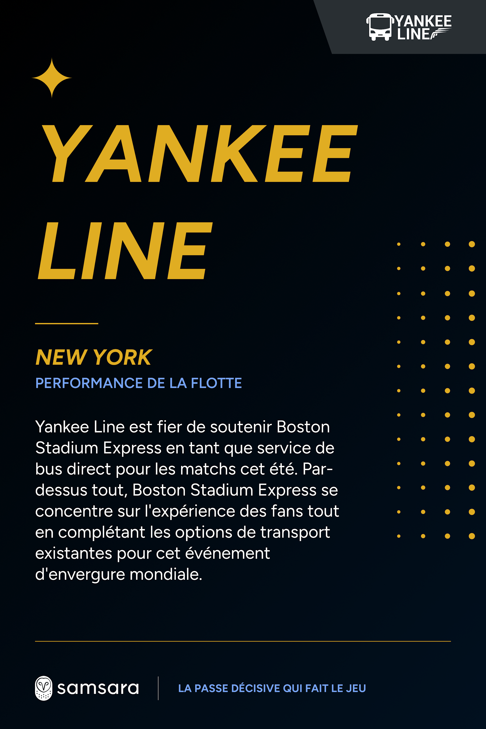 Affiche noire et dorée Yankee Line présentant le service de bus Boston Stadium Express à New York, avec le logo Samsara.