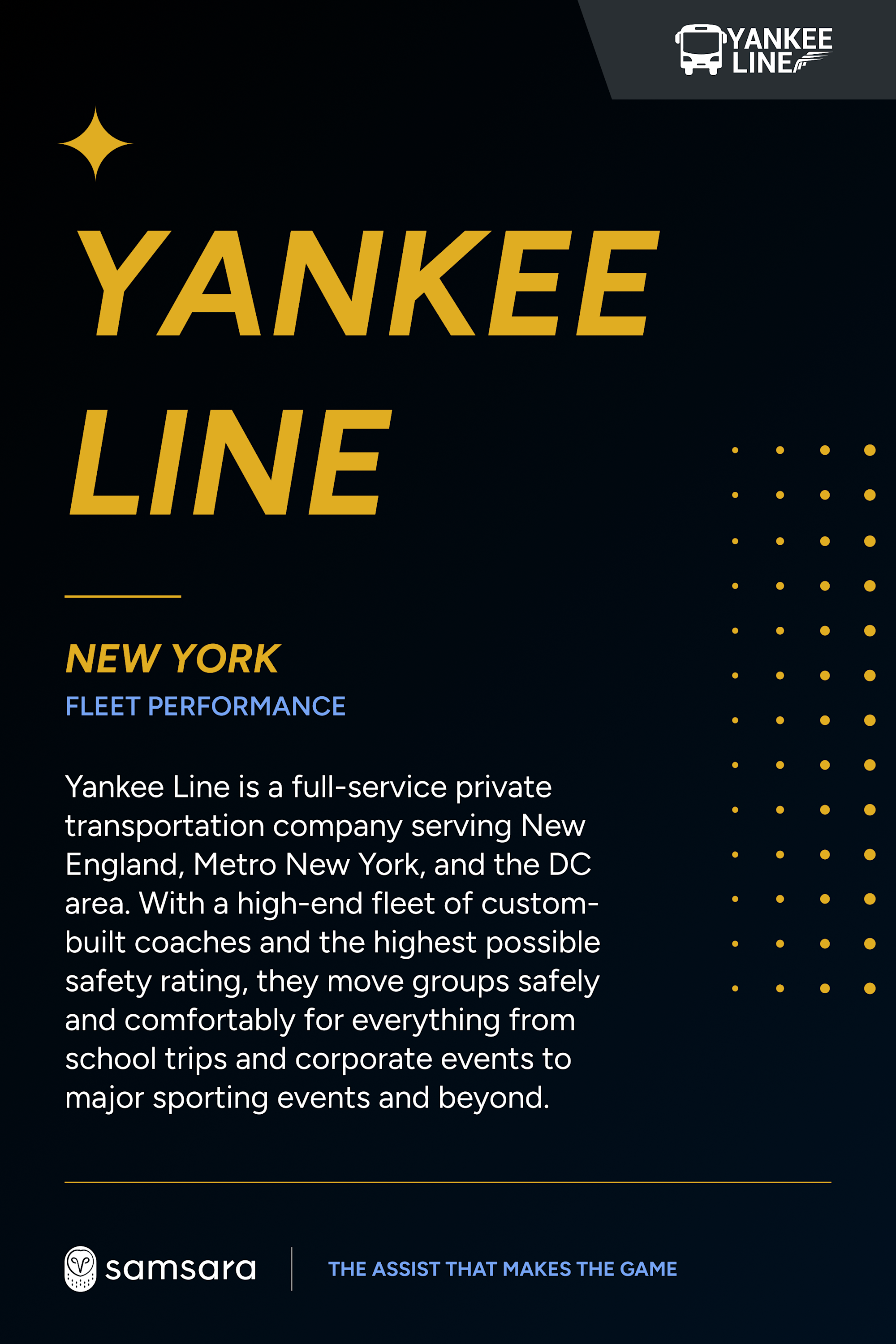 Yankee Line fleet performance graphic with gold text, highlighting New York private transportation services by Samsara.
