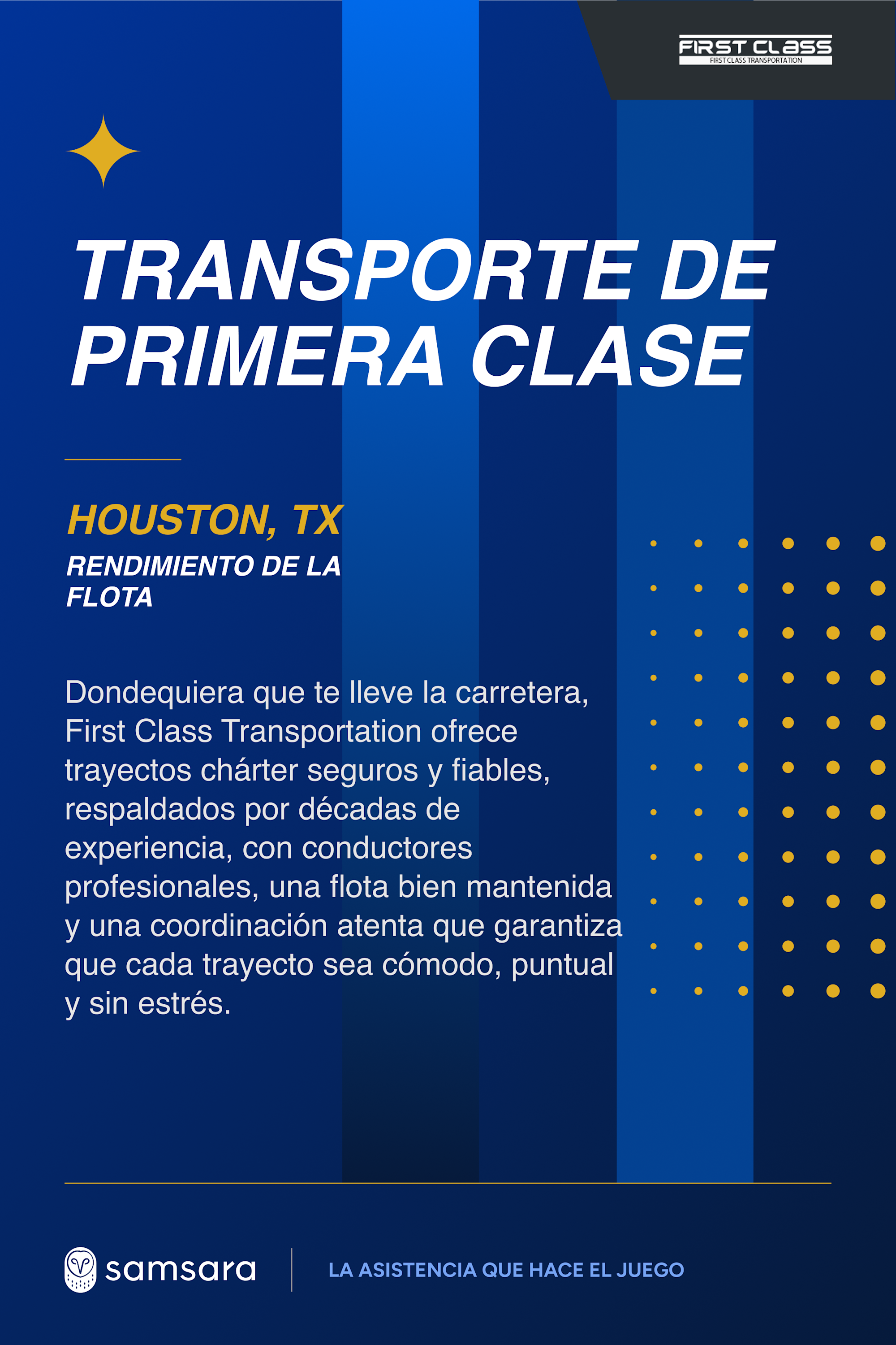 Cartel azul de First Class Transportation promocionando servicios de transporte chárter en Houston, TX, con logo de Samsara.