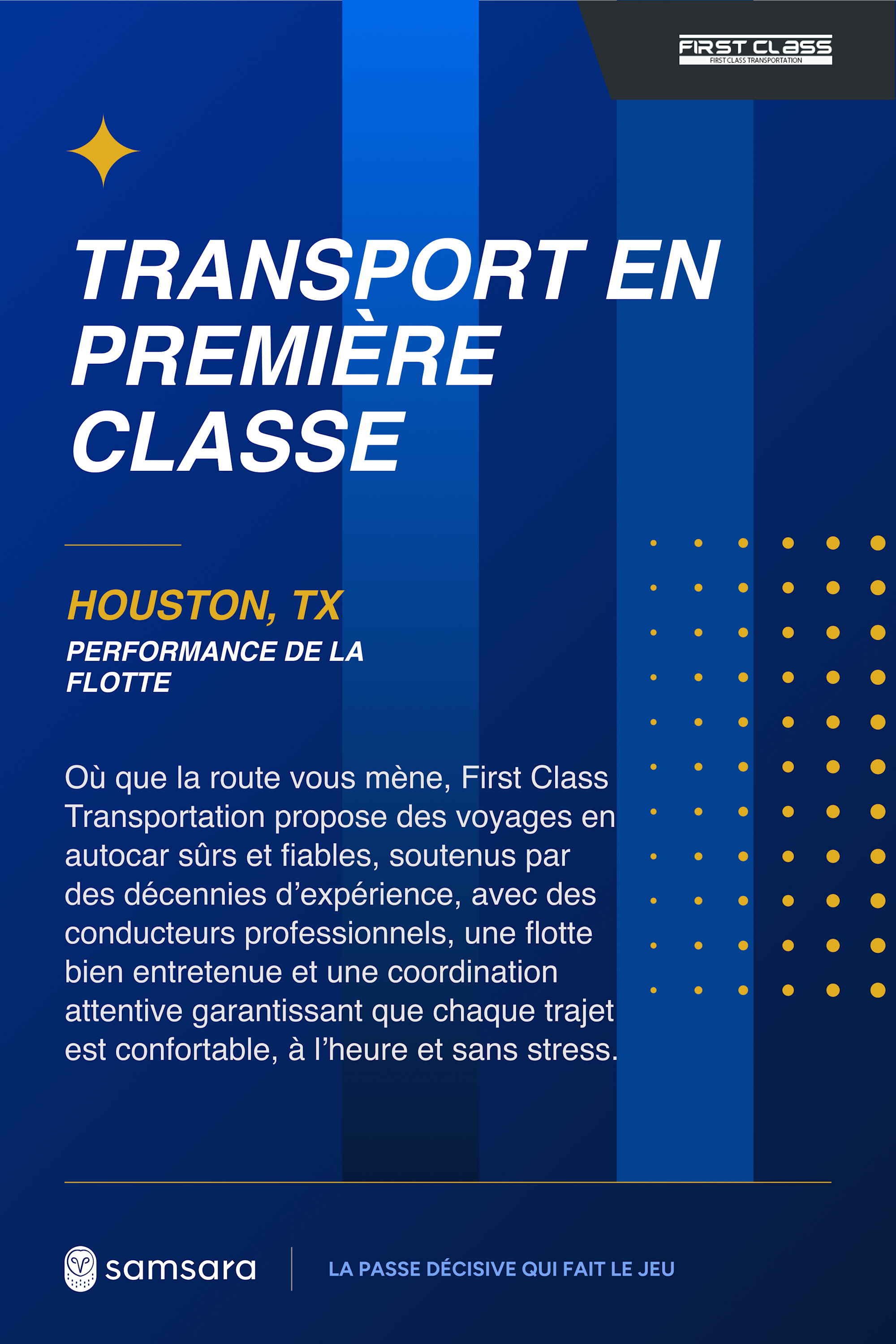 First Class Transportation à Houston, TX, présentant des services de transport en autocar fiables, avec logo Samsara.