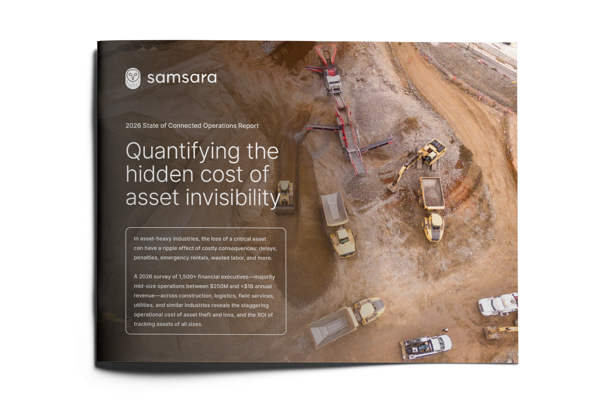 Aerial view of construction site with heavy equipment on a Samsara report cover about asset invisibility costs.
