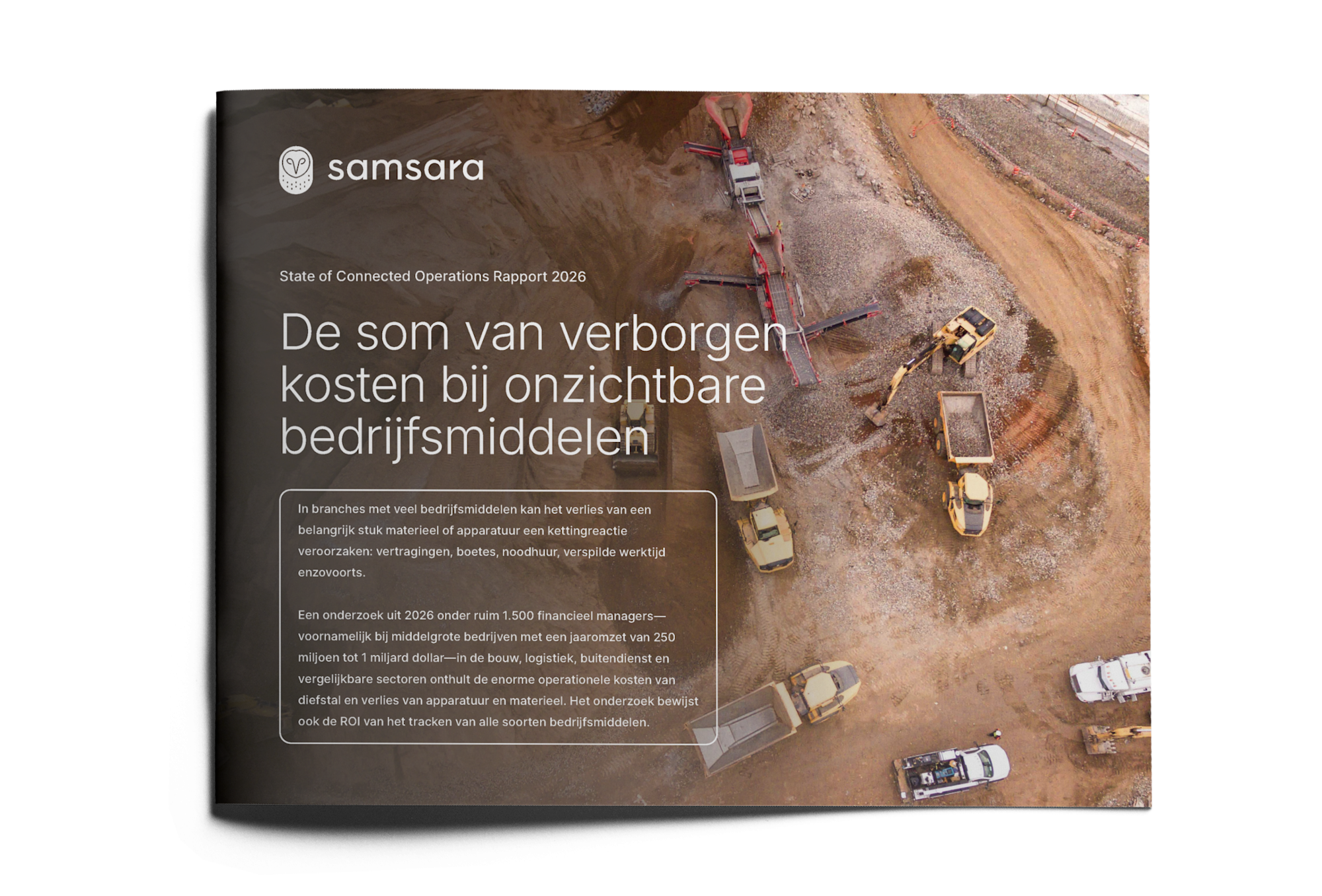 Aerial view of construction site with heavy equipment on a Samsara report cover about asset invisibility costs.