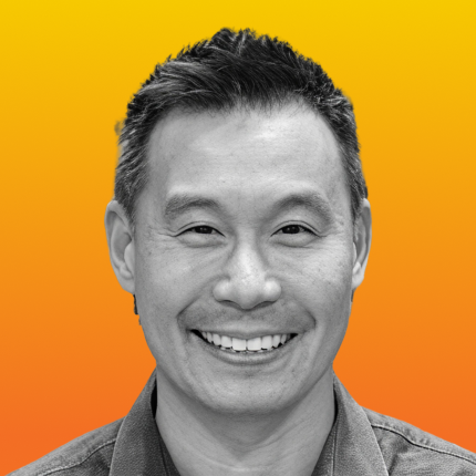 Dave Tu shown in black and white against a vibrant orange-to-yellow gradient background.