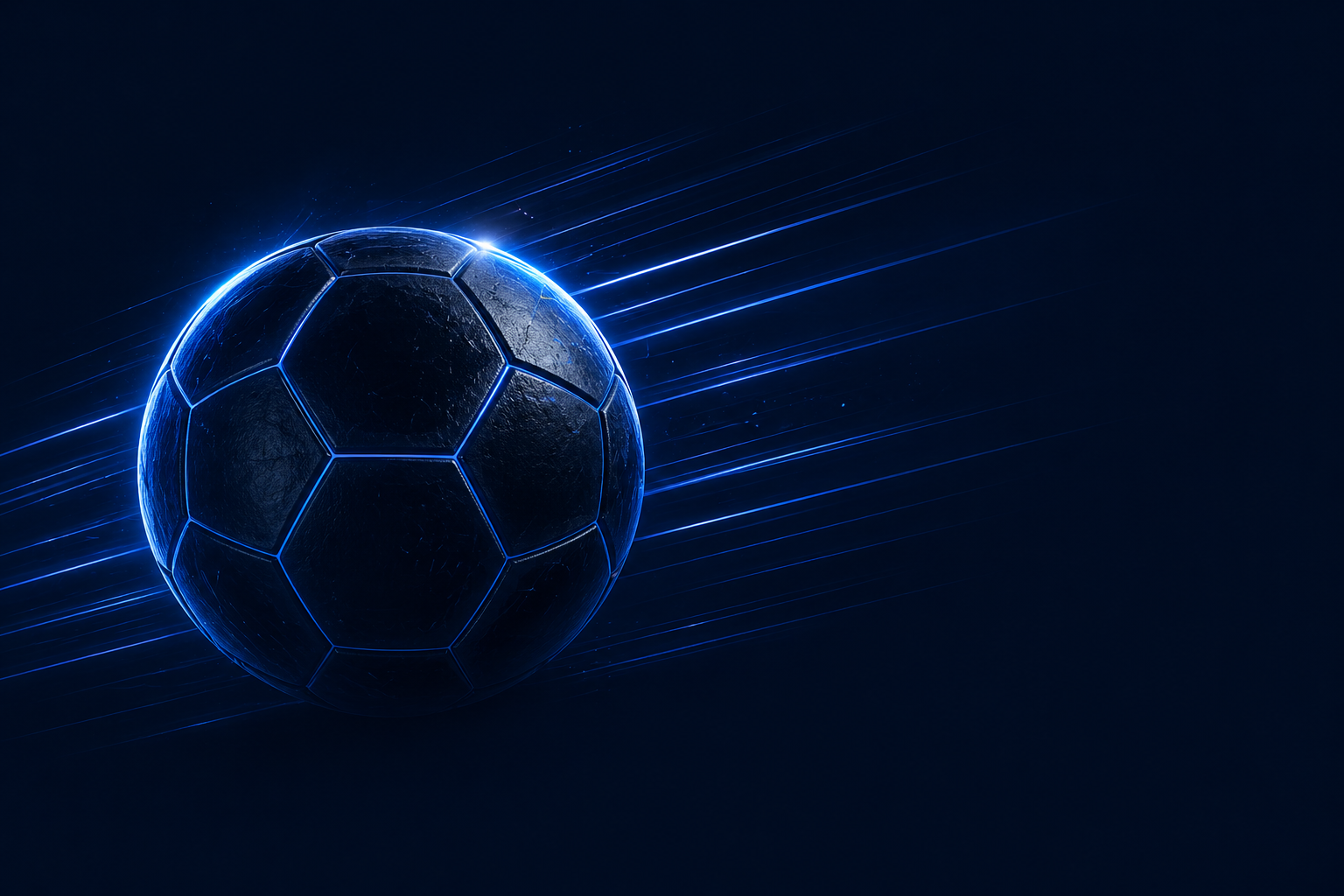 A dark soccer ball with glowing blue neon light streaks against a deep navy background, conveying speed and energy.