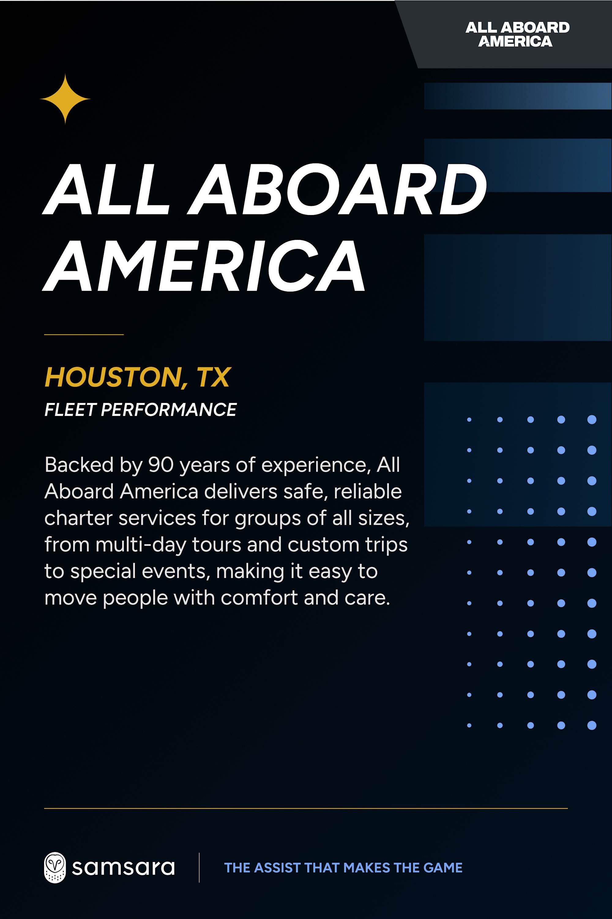 All Aboard America Houston, TX fleet performance promotional card with Samsara branding on dark background.