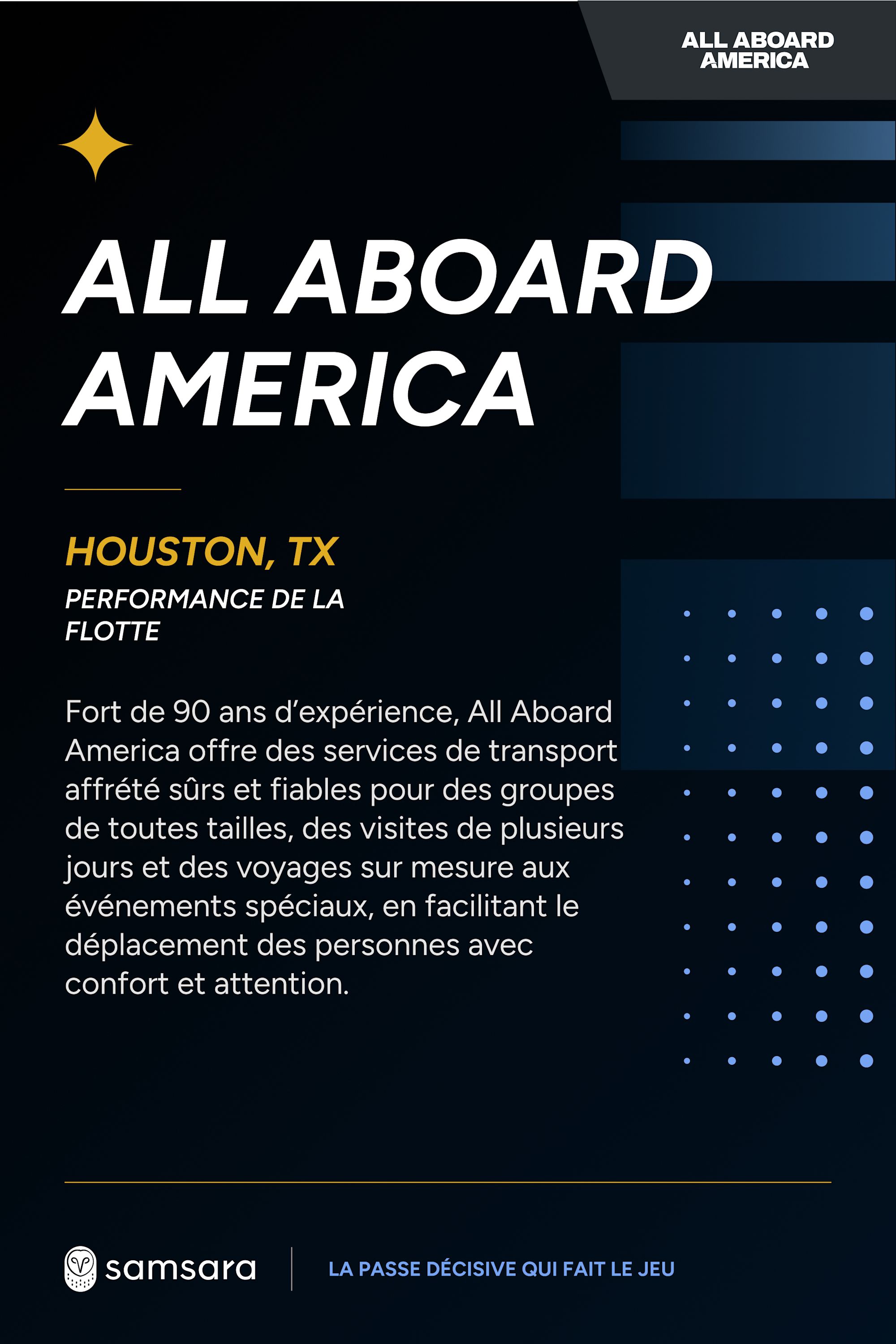 Affiche sombre All Aboard America à Houston, TX, présentant des services de transport, avec le logo Samsara en bas.