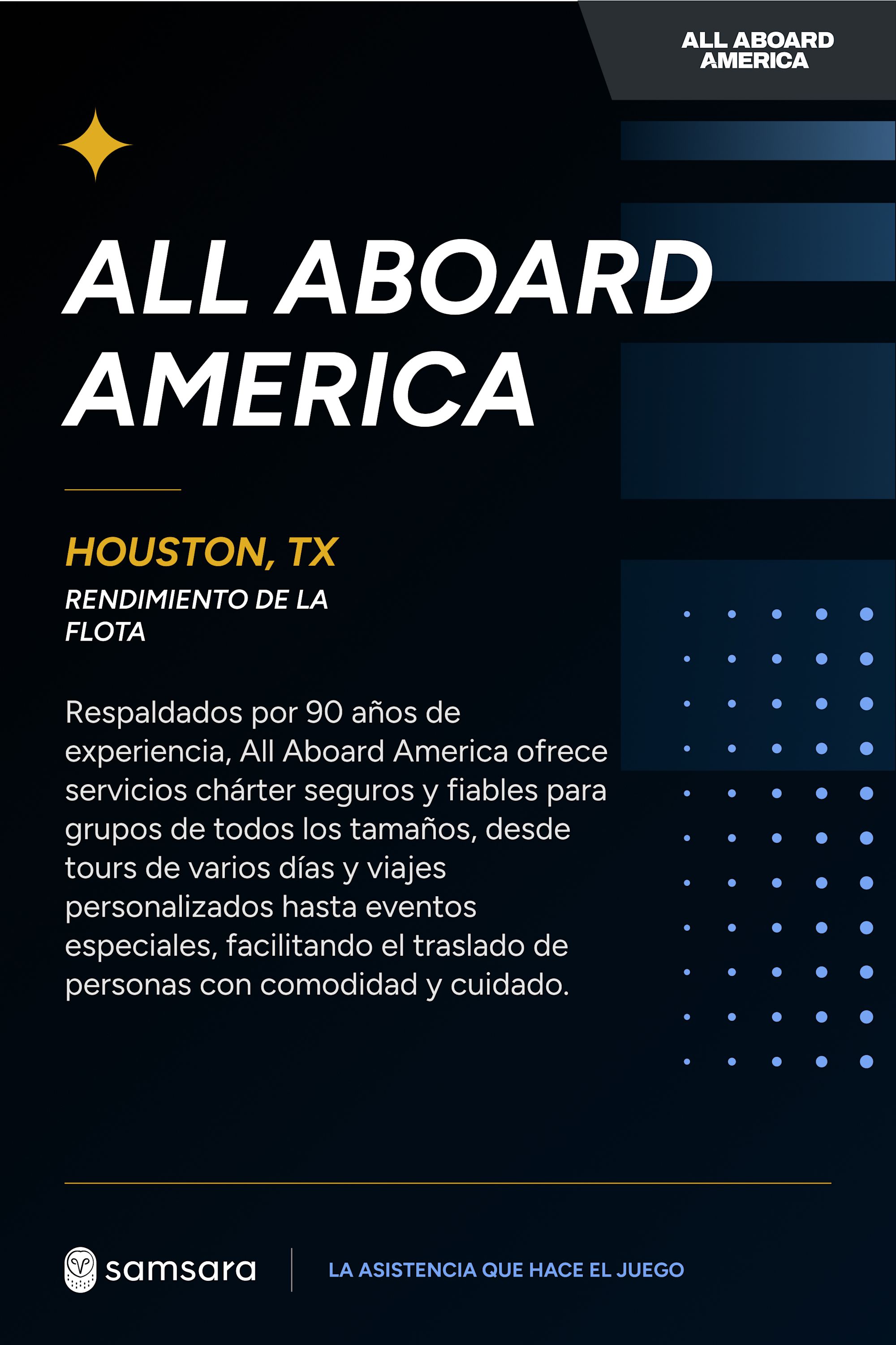 Anuncio de All Aboard America en Houston, TX sobre servicios chárter, con fondo negro y logo de Samsara.
