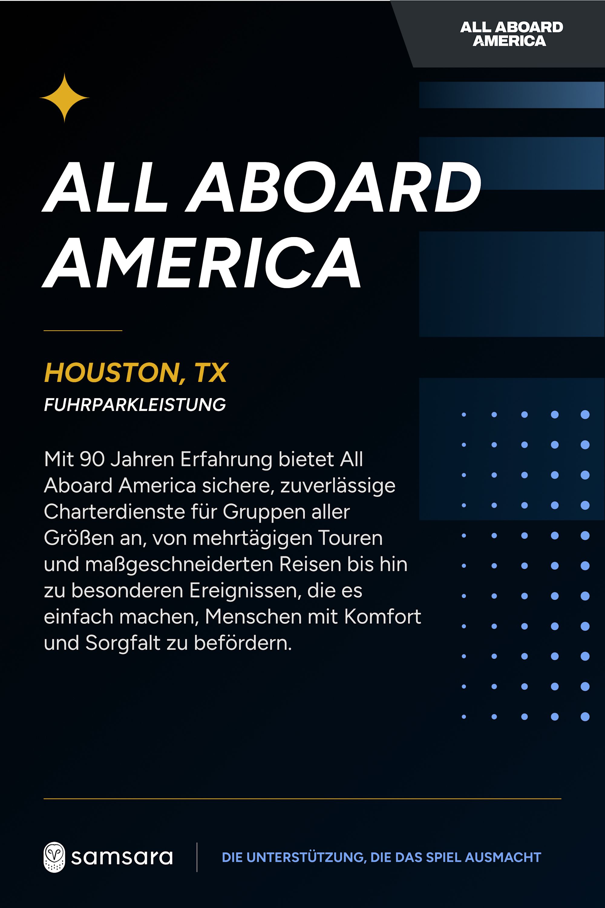 Dunkles Werbeplakat für All Aboard America, Houston TX, mit Samsara-Logo und Text über Charterdienste.