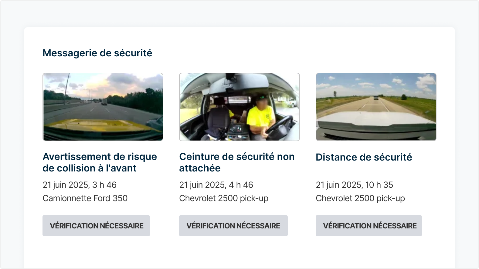 Interface de la messagerie de sécurité affichant trois alertes de conduite : avertissement de risque de collision à
