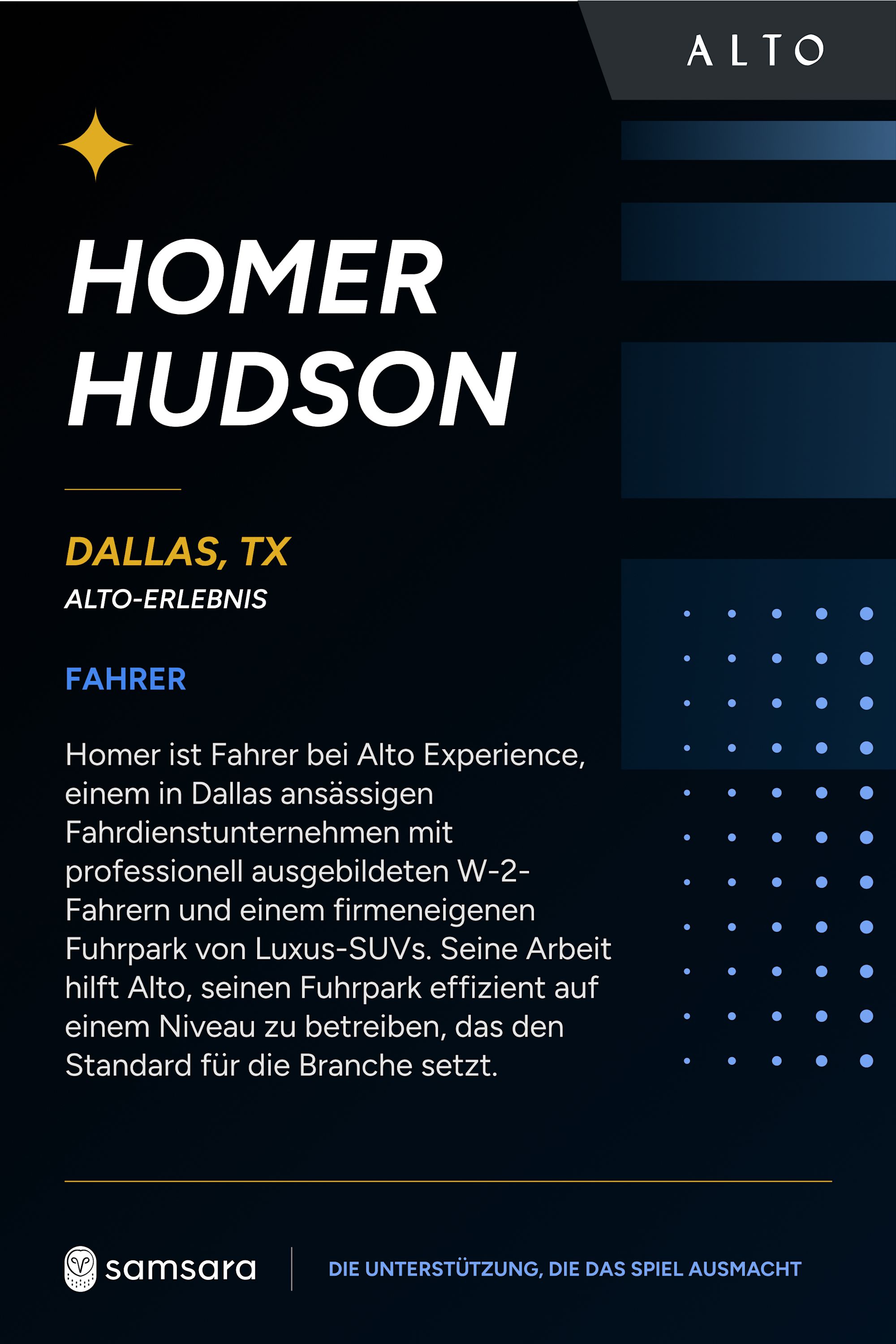 Infografik von Alto und Samsara über Fahrer Homer Hudson aus Dallas, TX, mit weißem Text auf schwarzem Hintergrund.