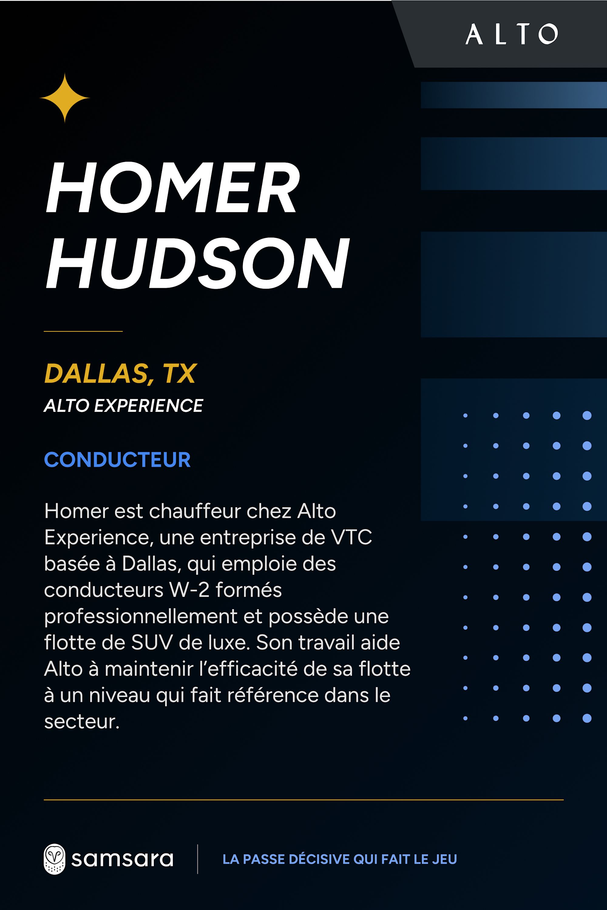 Carte de profil d'Homer Hudson, conducteur chez Alto Experience à Dallas, TX, sur fond sombre avec logo Samsara.