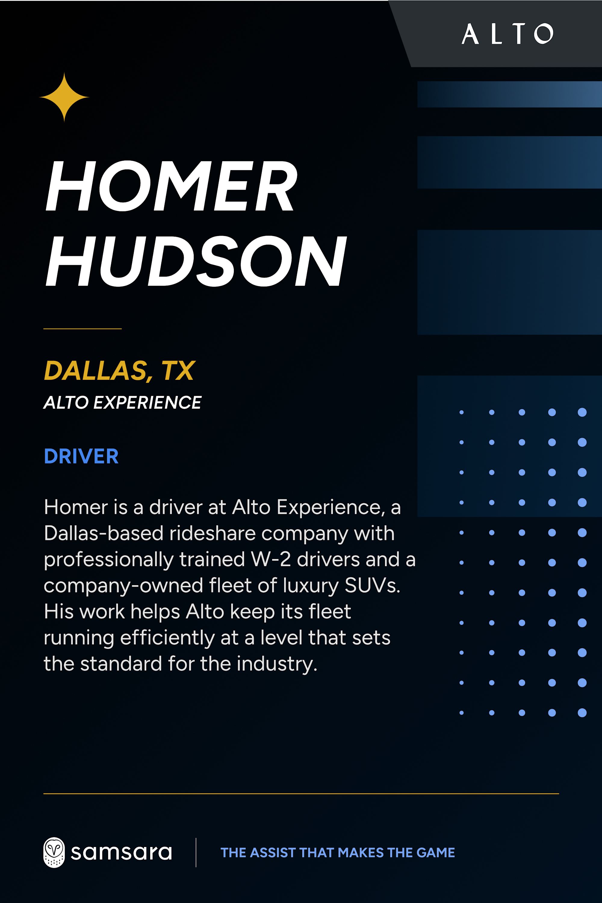 Profile card for Homer Hudson, a driver at Alto Experience in Dallas, TX, featuring Samsara branding on a dark background.