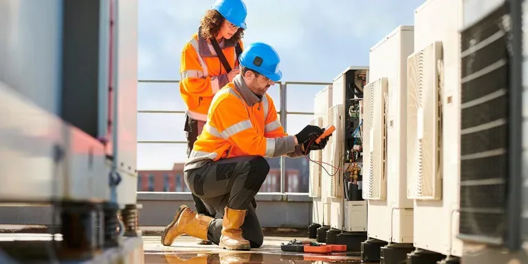 Two engineers in orange hi-vis jackets and blue hard hats servicing HVAC units on a rooftop.