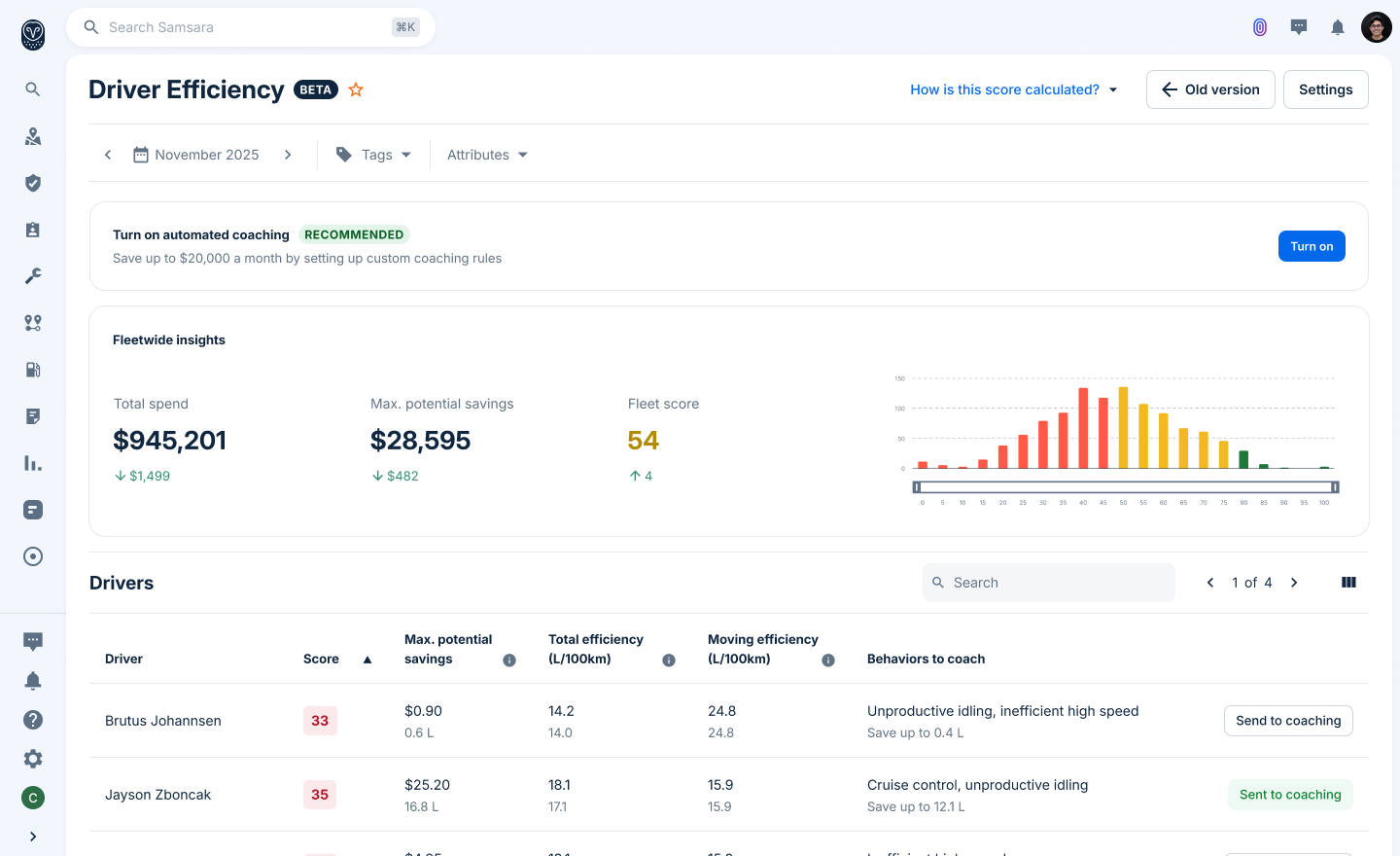 Samsara dashboard featuring a page on driver efficiency