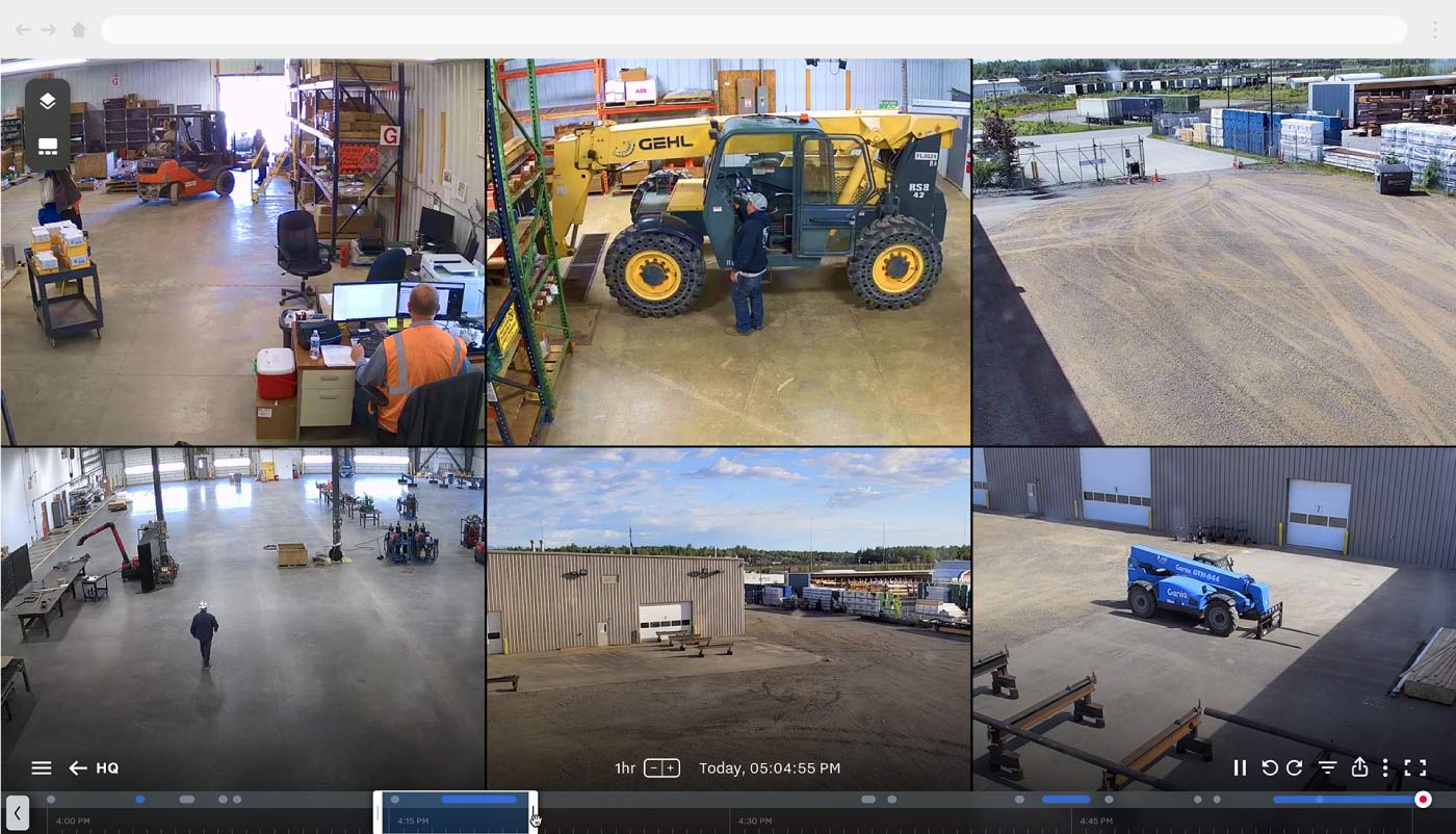 Dashboard showing camera streams from work sites