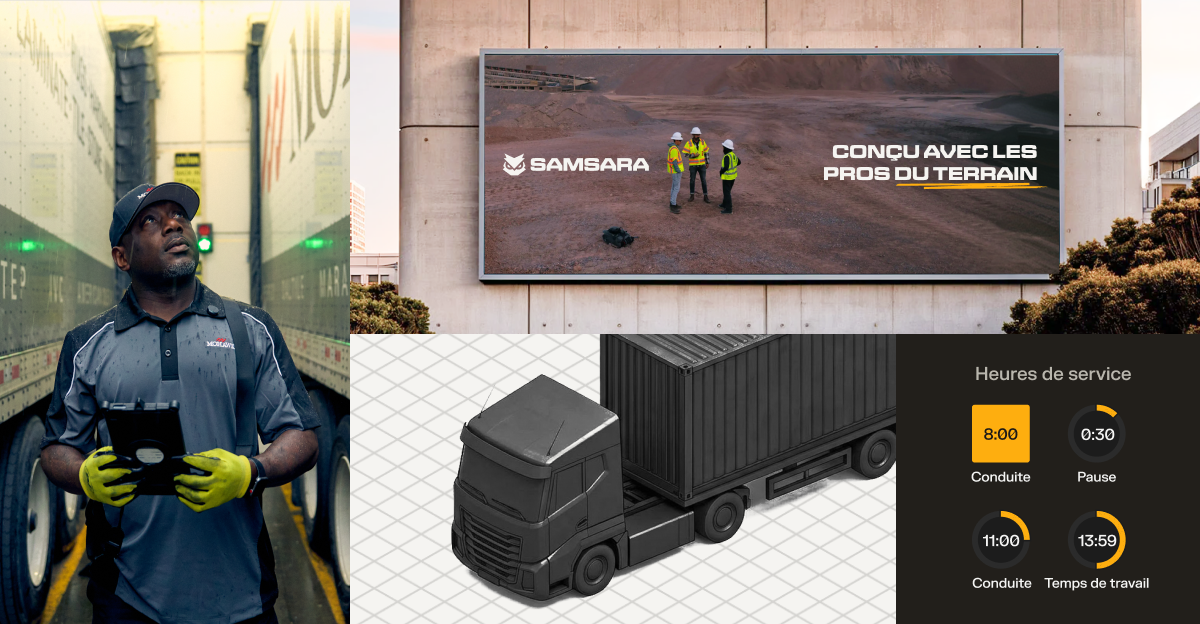Un collage montrant un employé d'entrepôt tenant un appareil portable et un panneau publicitaire