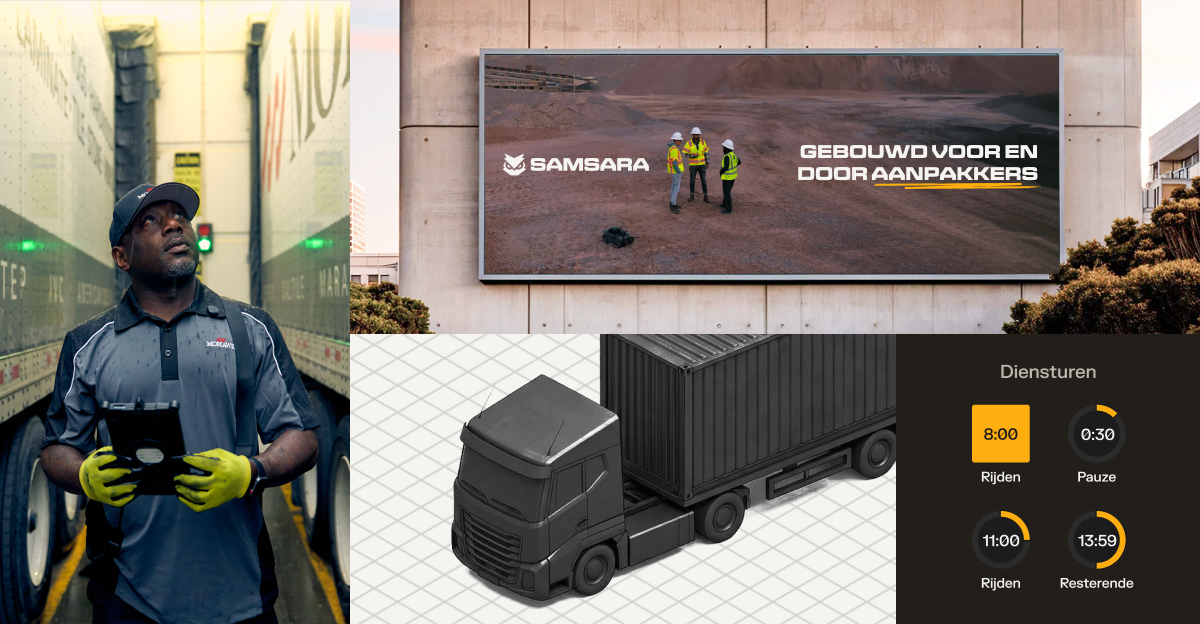 Een collage met een magazijnmedewerker met een handheld-apparaat en een billboard