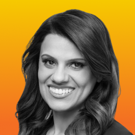Tehzin Chadwick in a black and white headshot against a vibrant orange-yellow gradient background.