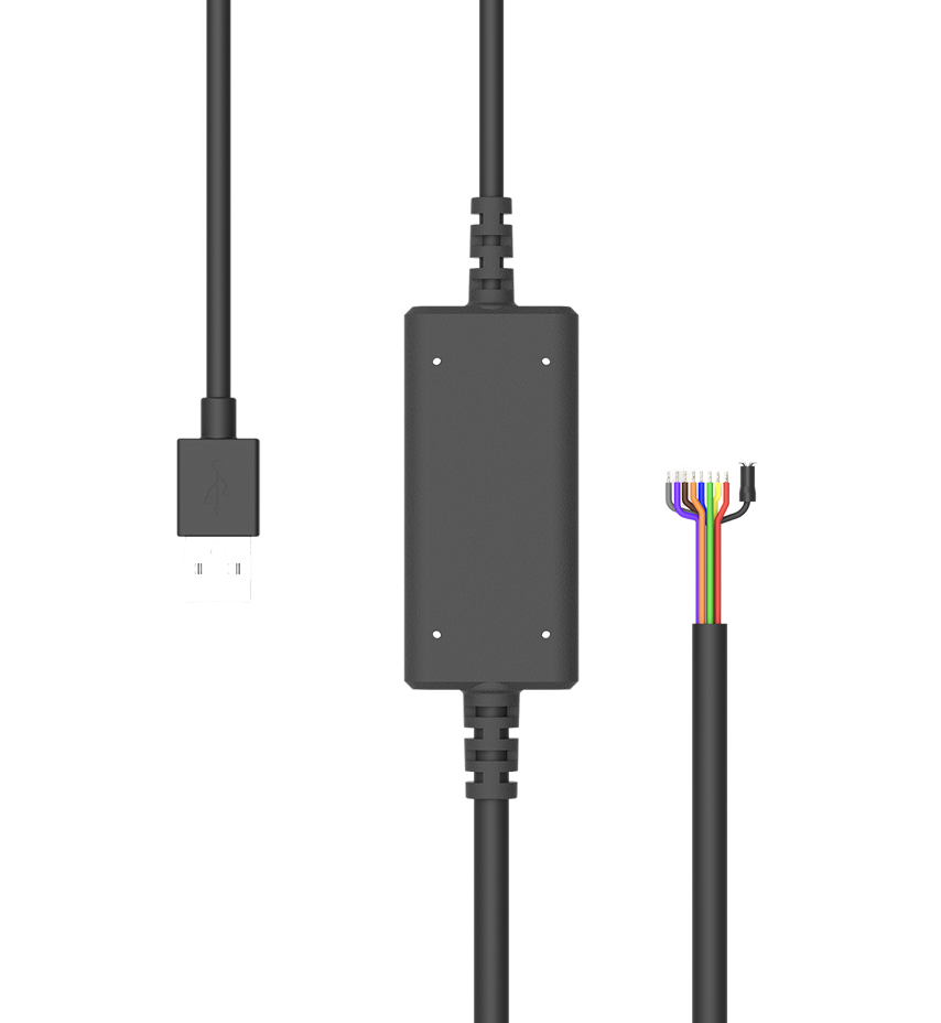 Black USB cable with inline adapter module, featuring a USB-A connector on one end and multicolored bare wires on the other.
