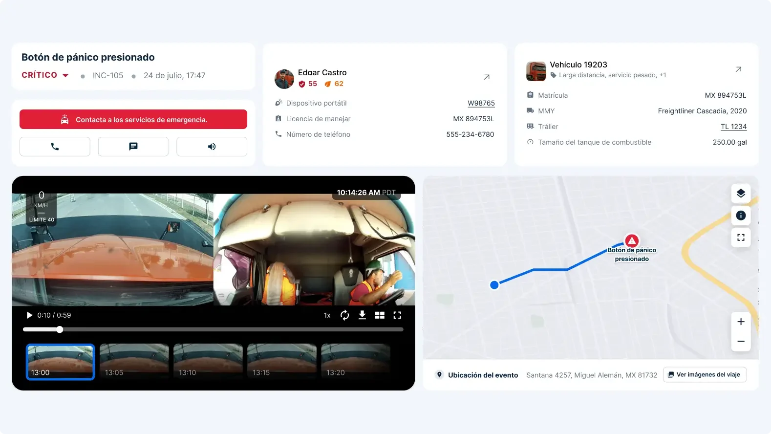 Interfaz de emergencia con botón de pánico activado, mostrando video del conductor y datos del vehículo en un mapa.