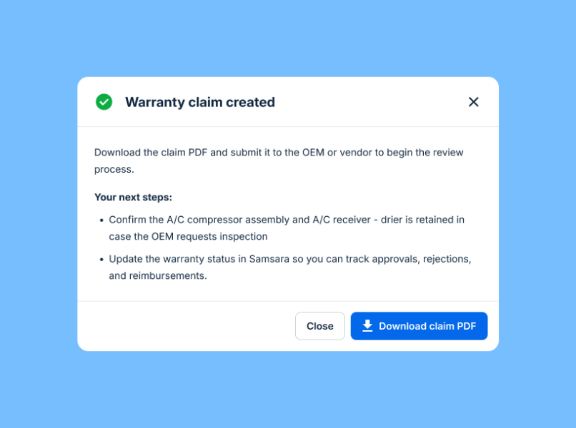 Samsara dashboard function showing a warranty claim created