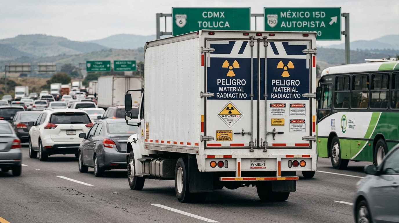 Camión blanco con letreros de "Peligro Material Radiactivo" circula en autopista congestionada hacia CDMX-Toluca.