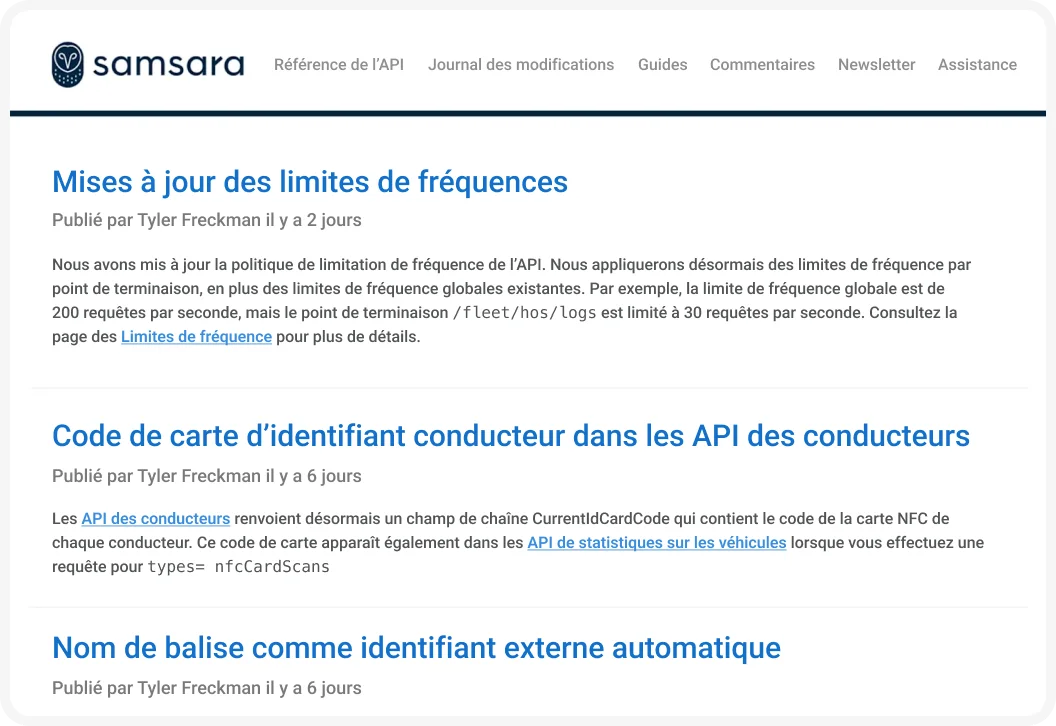 Journal des modifications du développeur Samsara