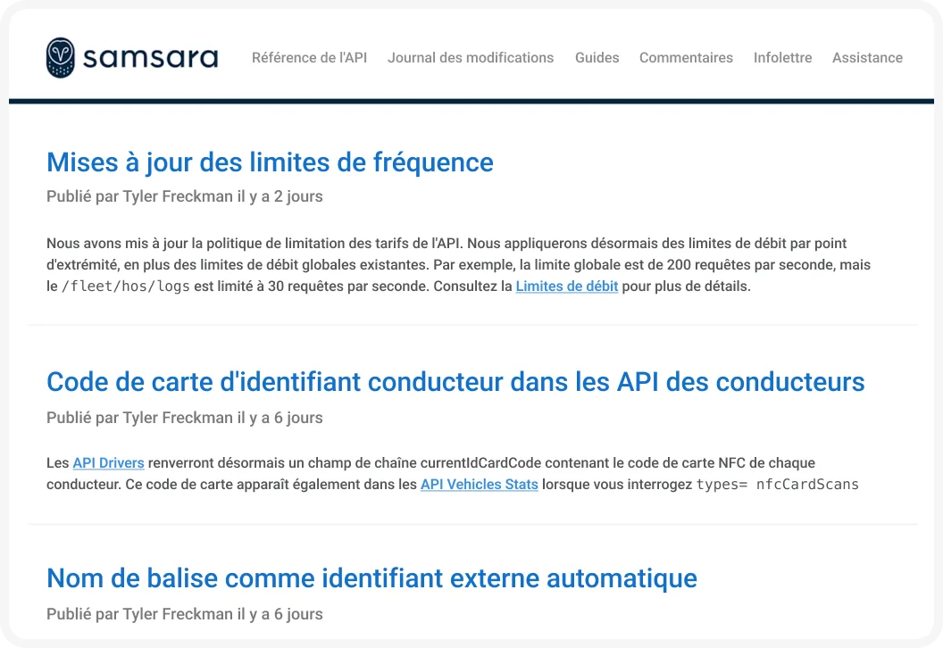 Journal des modification du développeur Samsara
