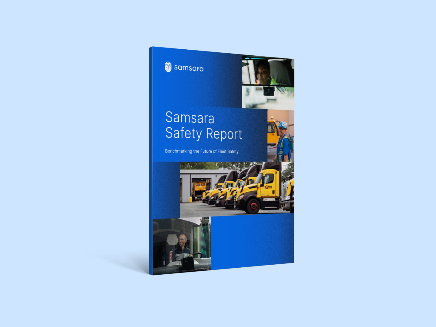 Blue Samsara Safety Report cover with fleet images showing trucks, drivers, and safety monitoring systems.