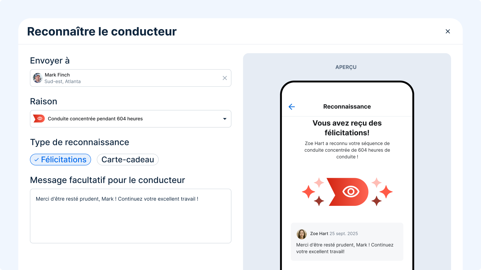 Interface de reconnaissance conducteur avec un formulaire de félicitations à Marvin pour son 10e anniversaire avec mobile.