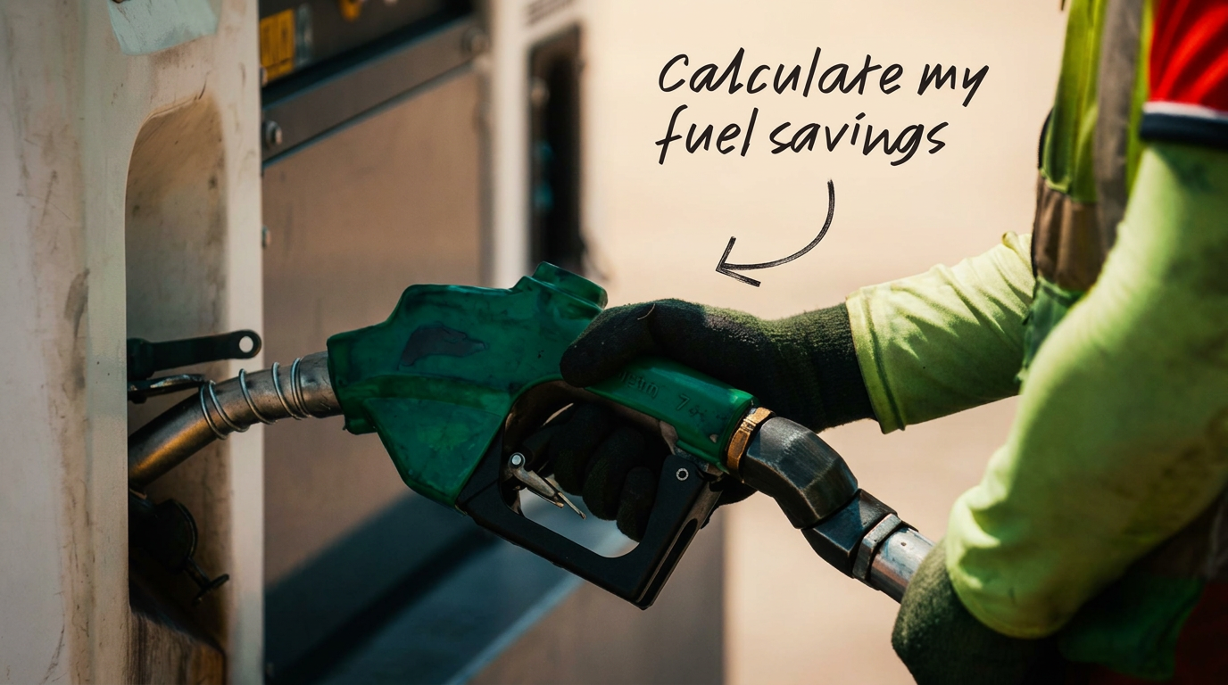 A gloved hand holds a green fuel nozzle, with text reading "Calculate my fuel savings" and an arrow pointing to it.