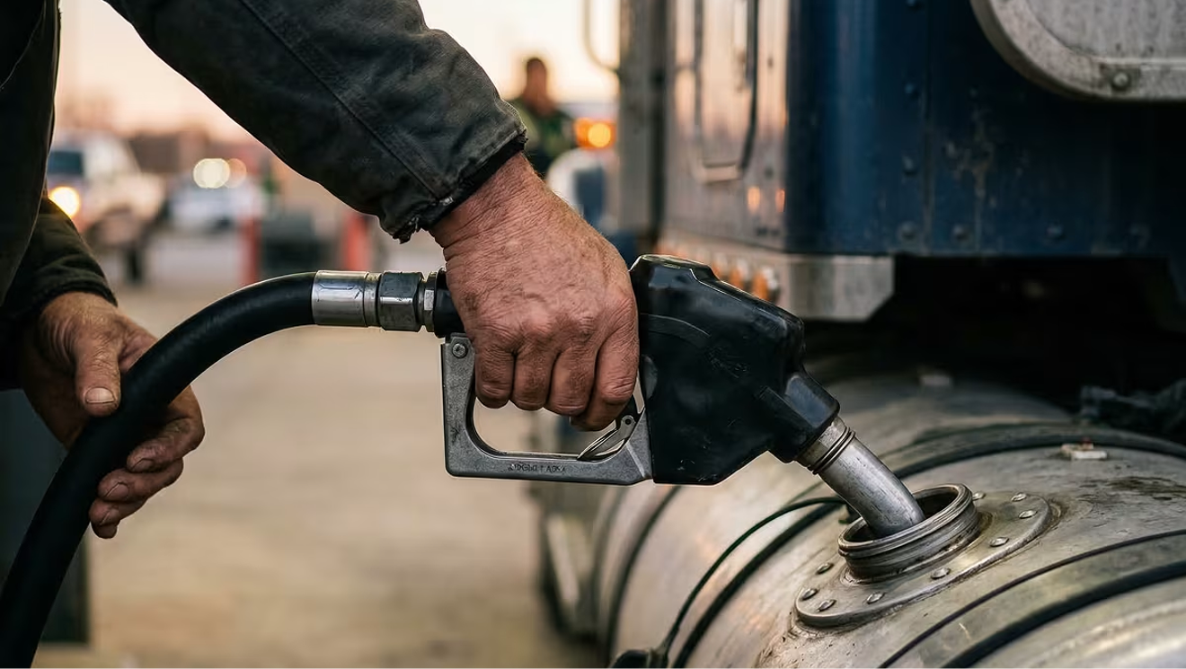A person's hands holding a black fuel nozzle, pumping diesel into a large semi-truck's fuel tank at a truck stop.