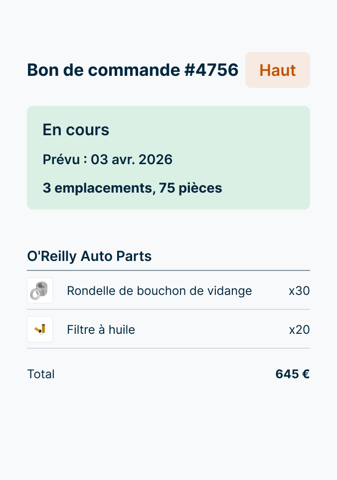 Bon montrant une commande de pièces chez O'Reilly (30 rondelles de bouchon de vidange + 20 filtres à huile = 645 $)
