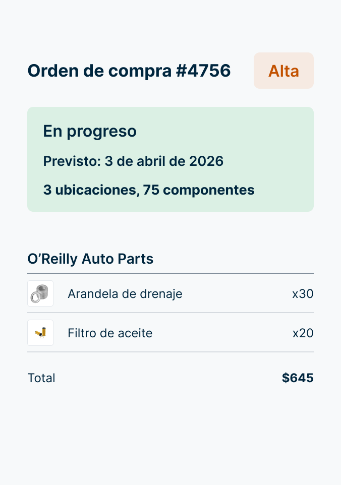 Orden de compra con orden de autopartes de O'Reilly para 30 arandelas de drenaje y 20 filtros de aceite, con un total de $645