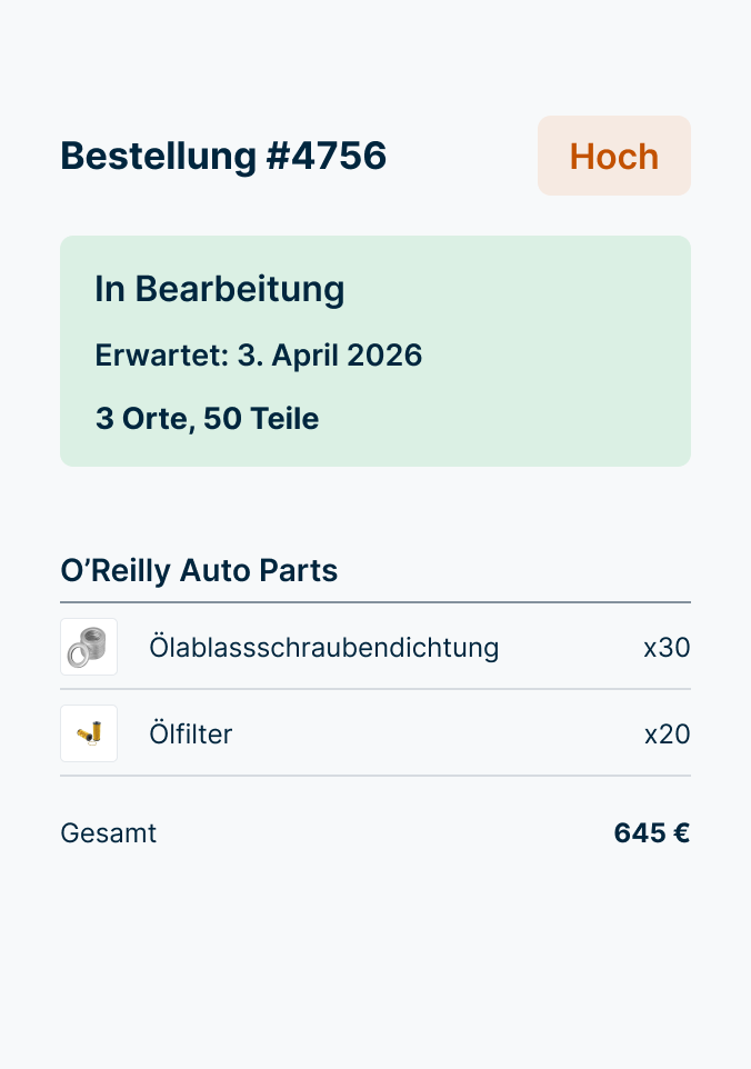 Bestellschein mit Autoteilebestellung bei O'Reilly für 30 Ölablassschraubendichtungen & 20 Ölfilter im Wert von 645 $