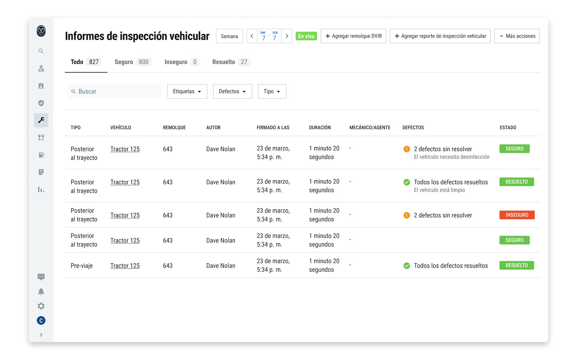 Pantalla de informes de inspección de vehículos con lista de registros seguros, fechas, conductores y estado en verde.