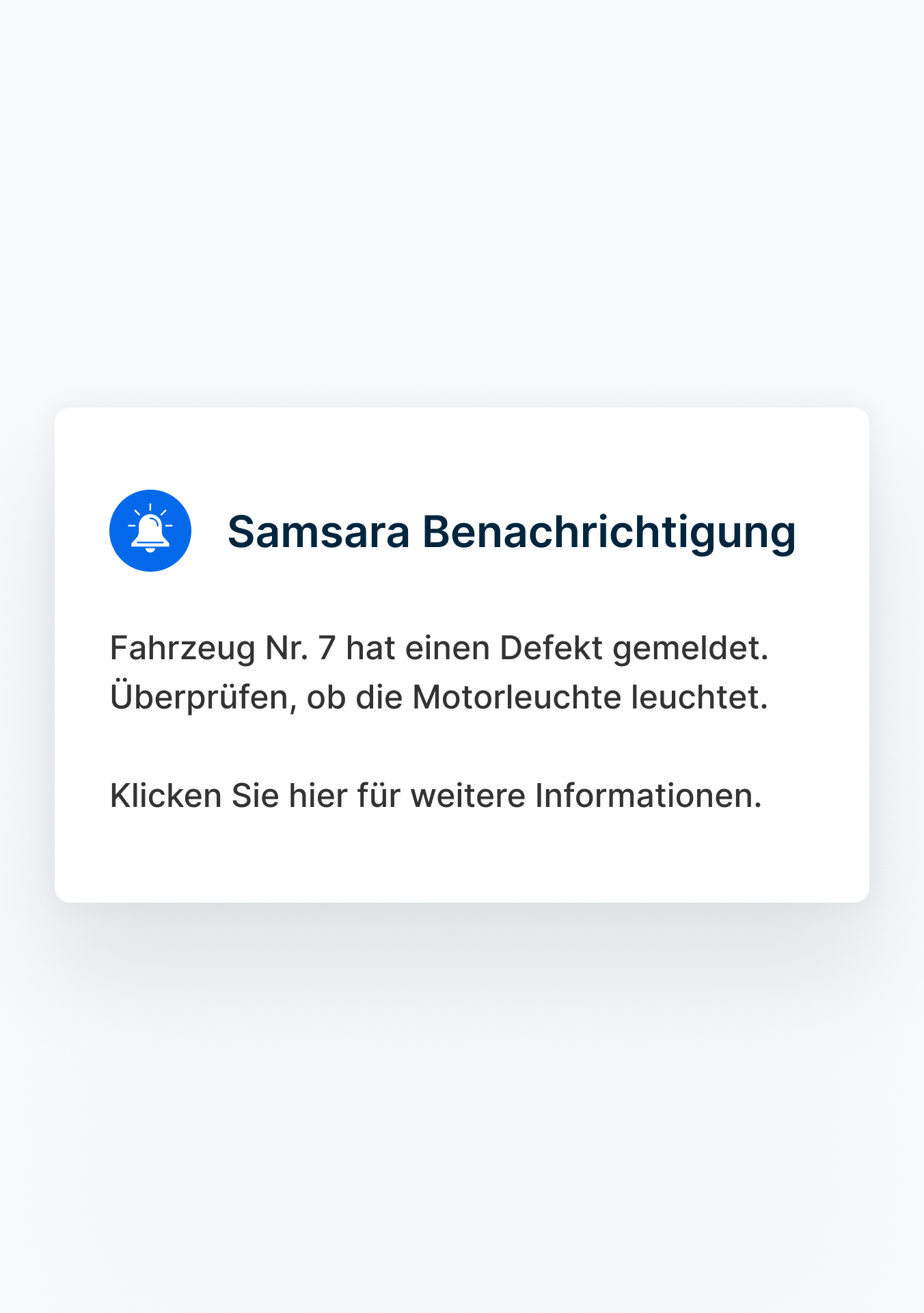 Samsara-Benachrichtigung: Ein Fahrzeug hat einen Fehler gemeldet und die Motorkontrollleuchte ist eingeschaltet.