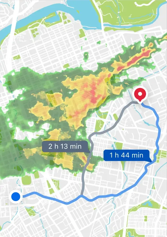 Carte montrant deux options d'itinéraire autour d'une zone de carte thermique, avec des temps de trajet.