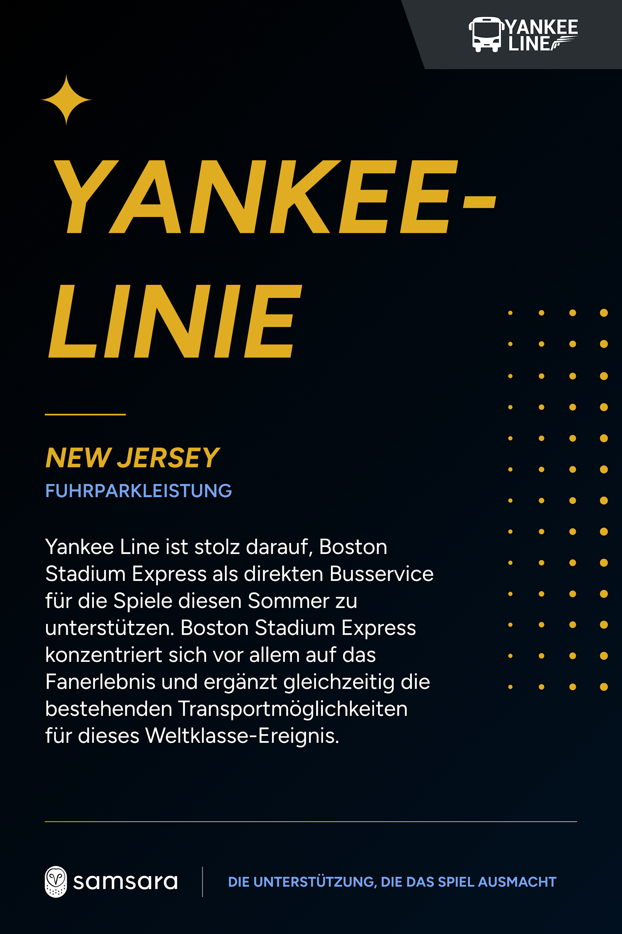 Schwarzes Werbeplakat der Yankee-Linie mit goldenem Text über den Busservice Boston Stadium Express in New Jersey.