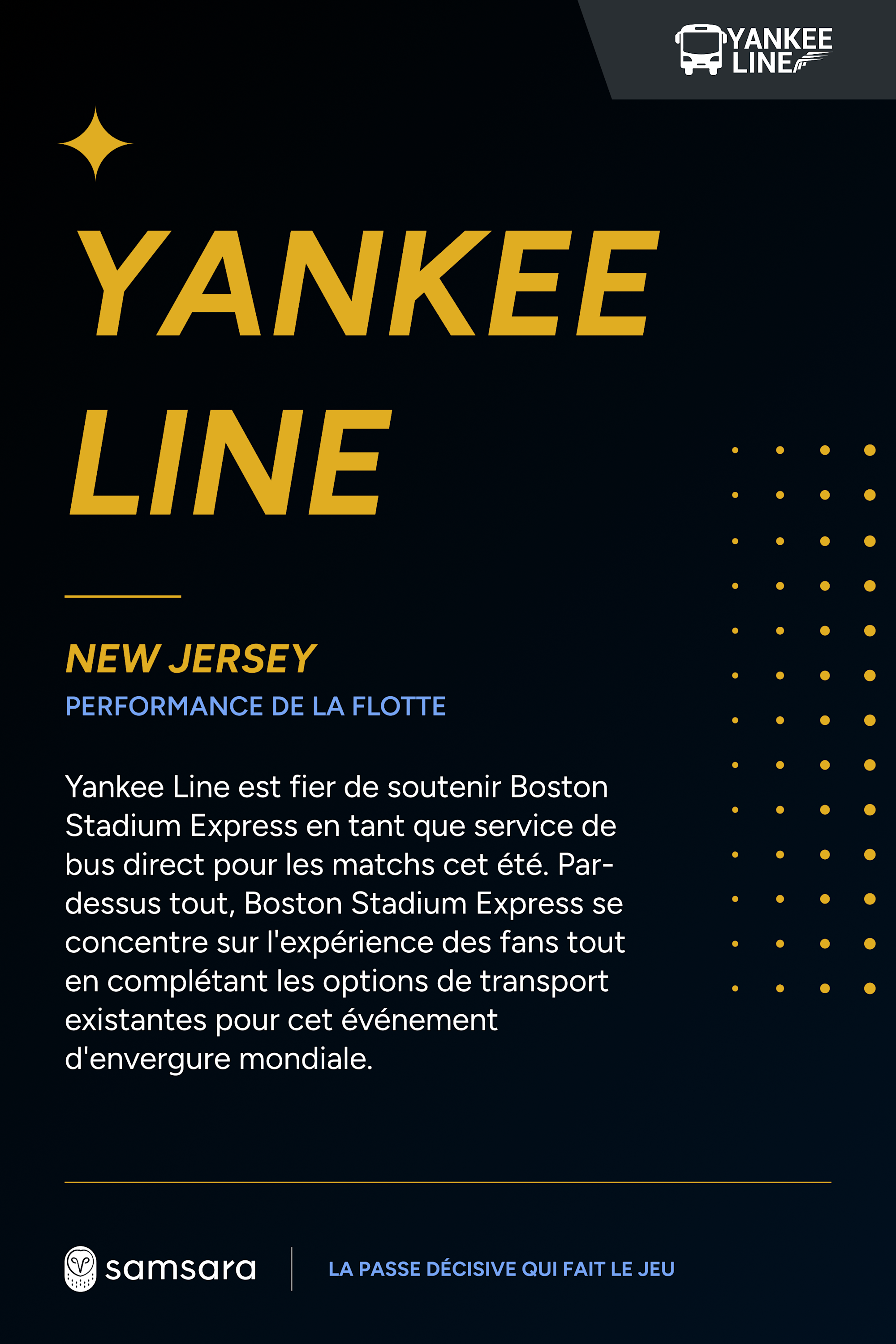 Affiche noire et dorée Yankee Line présentant le service de bus Boston Stadium Express au New Jersey, avec le logo Samsara.