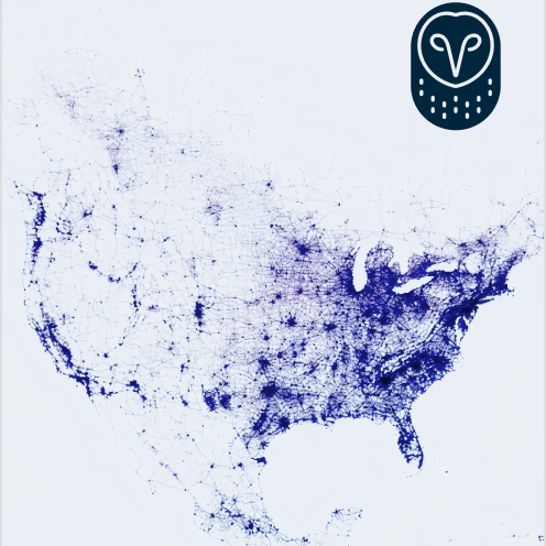 Blue dot density map of the U.S. showing population distribution, denser in the East, with an owl logo in the top right.