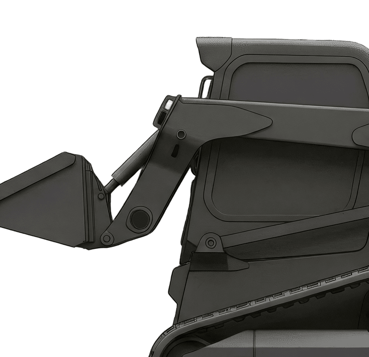 Close-up illustration of a dark gray compact track loader with a bucket attachment and rubber track undercarriage.