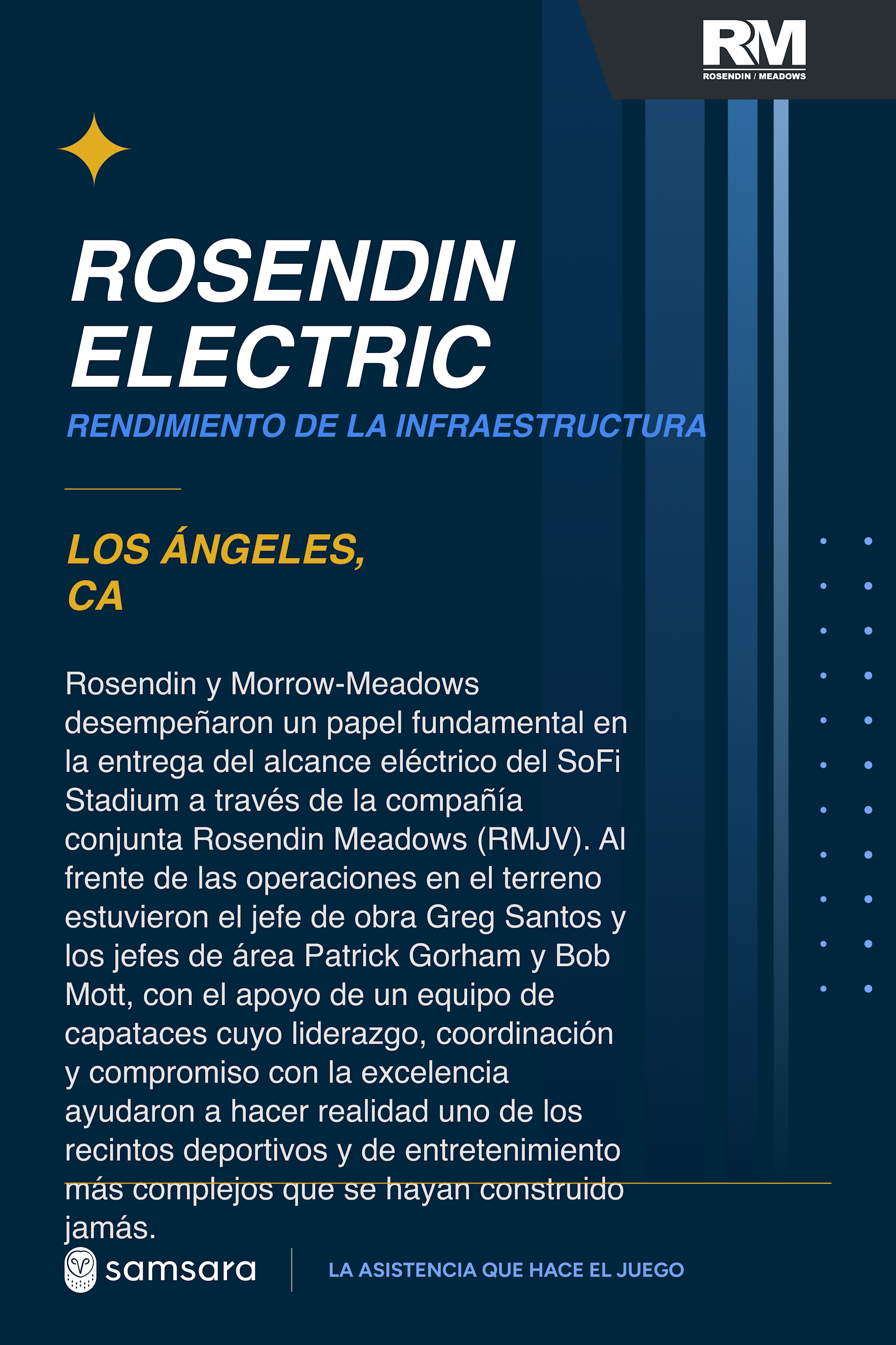Cartel azul de Rosendin Electric sobre infraestructura eléctrica en SoFi Stadium, Los Ángeles, con logo RM y Samsara.