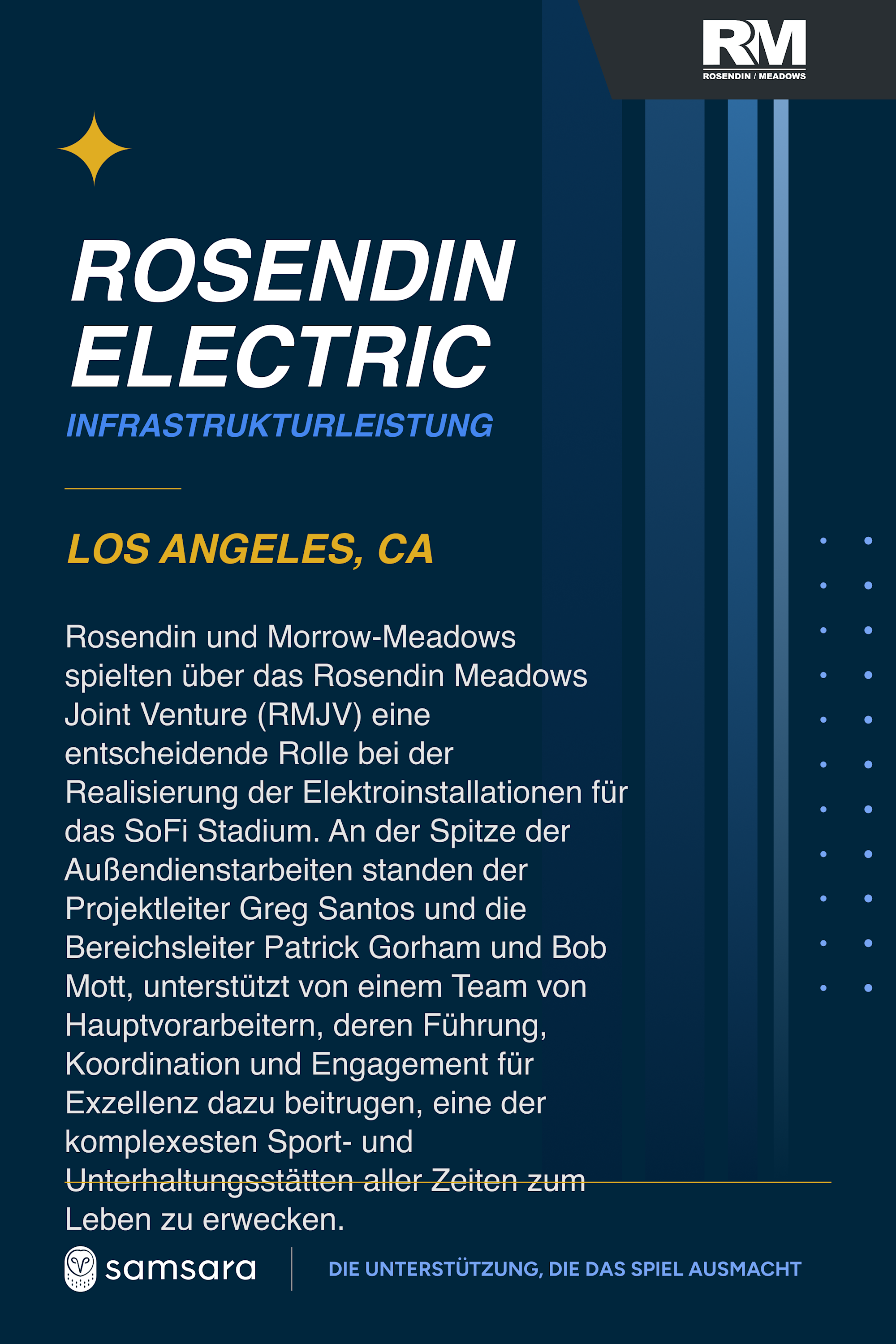 Infografik von Rosendin Electric über Infrastrukturleistungen am SoFi Stadium in Los Angeles, blauer Hintergrund.